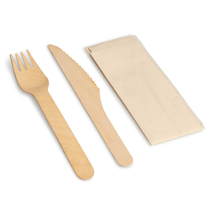 16cm Coated Wooden Knife, Fork & Napkin Packs | FSC Certified
